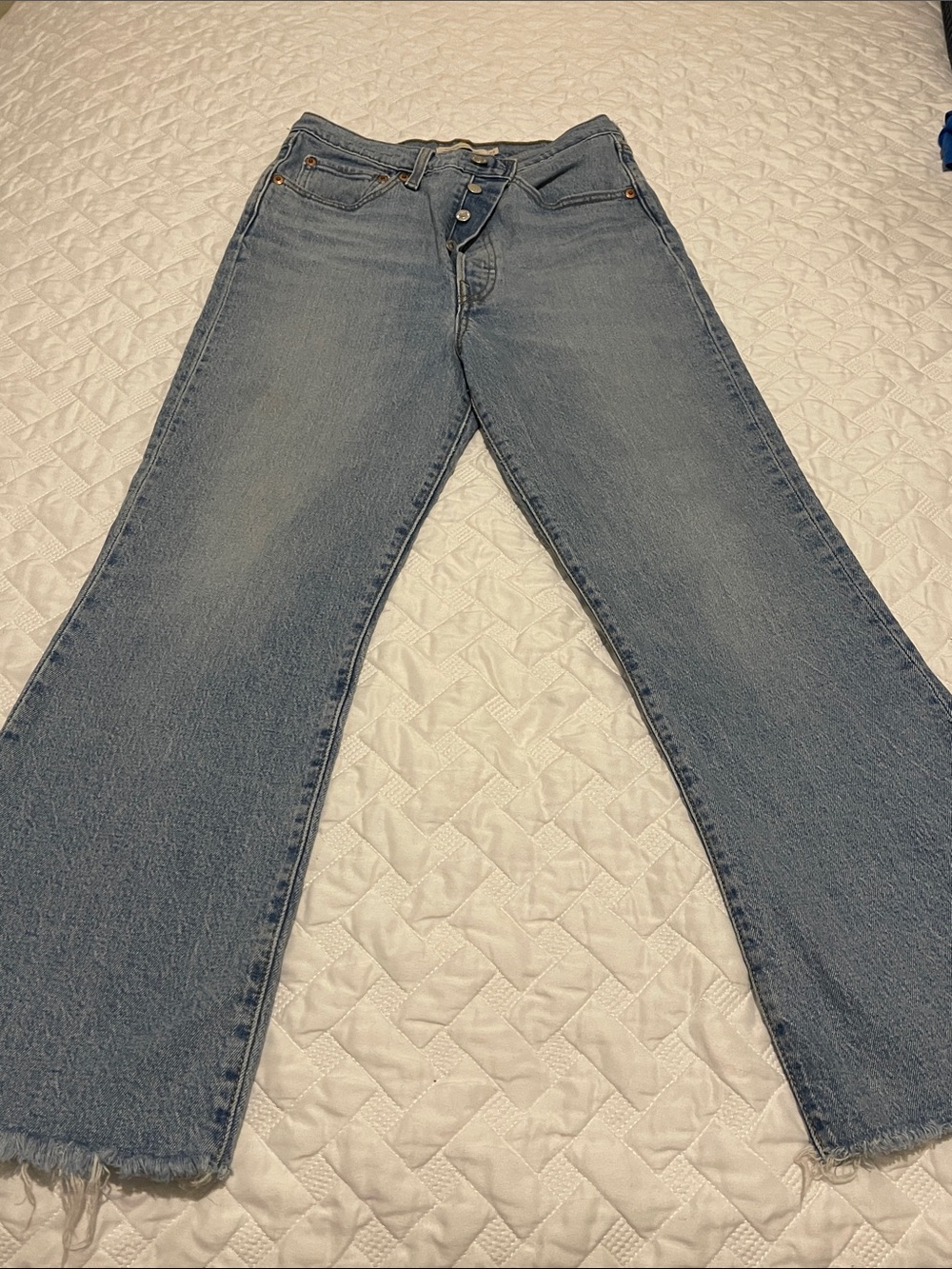capital E Levi's Light Blue ribcage crop flare Button-Fly Jeans